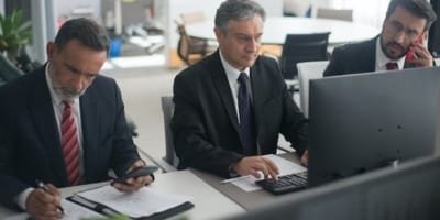 Three business professionals in a meeting discussing documents.